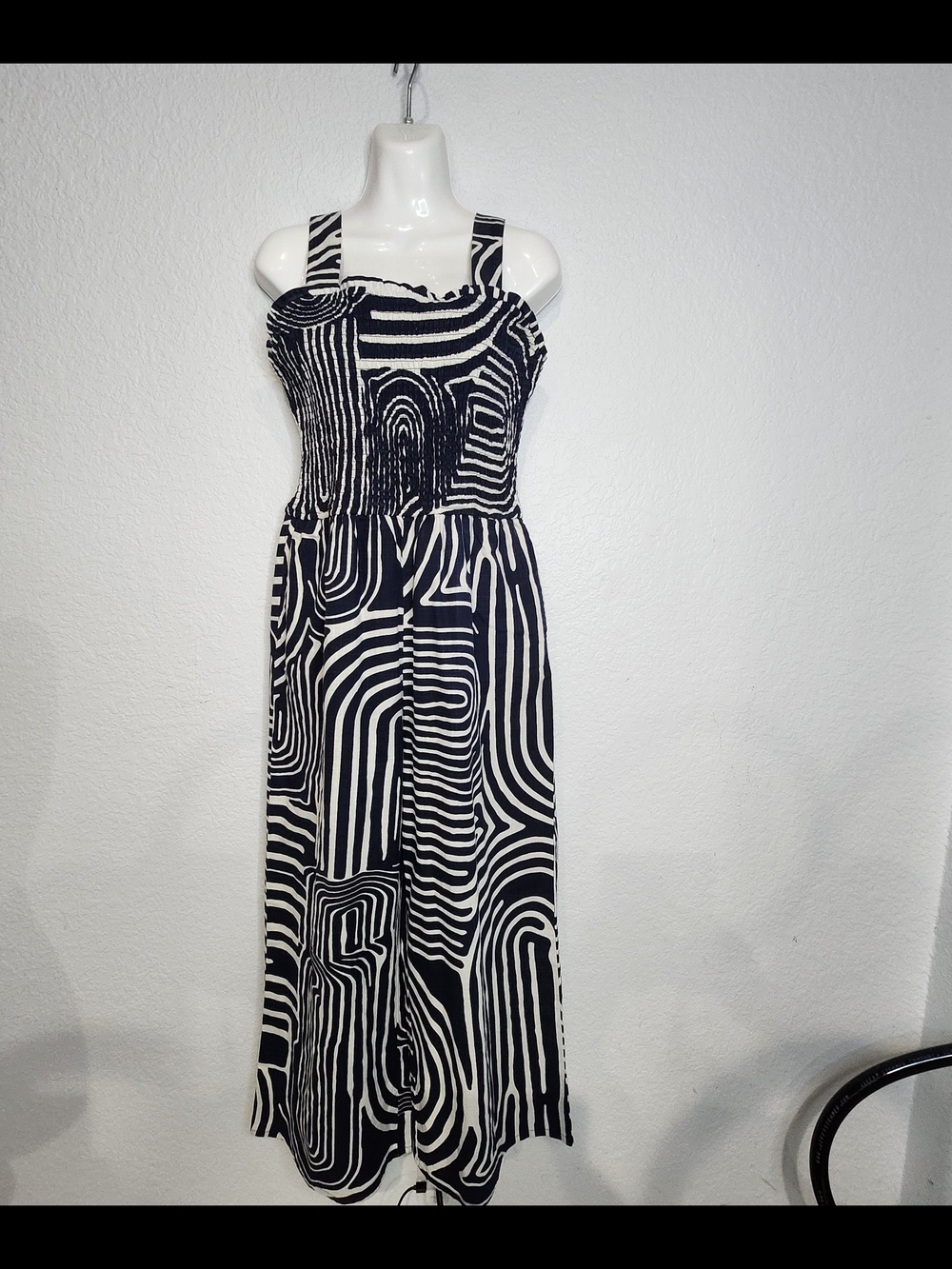 Dizzy Lizzy Blue & White Patterned Jumpsuit with Smocked Bodice